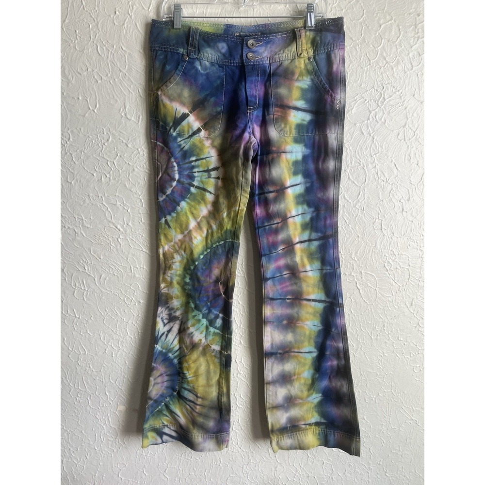 Vintage Y2K Hippie Flare Jeans Tie-Dye, Gypsy, Rave, Boho Festival Pant Size 7